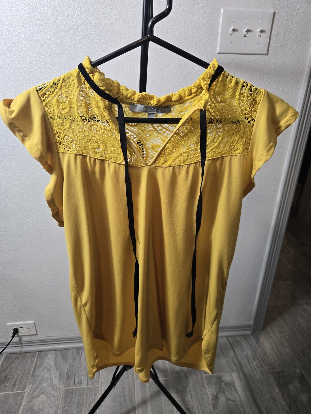 Sweet Rain Yellow Lace Yoke Top with Black Tie